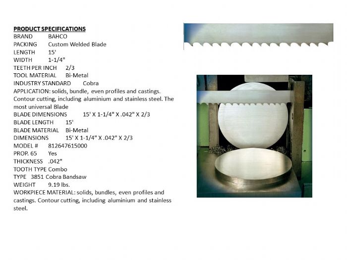 BIMETAL BANDSAW BLADE 3851 COBRA 15"" X 1-1-4"" X .042 X 3/4 